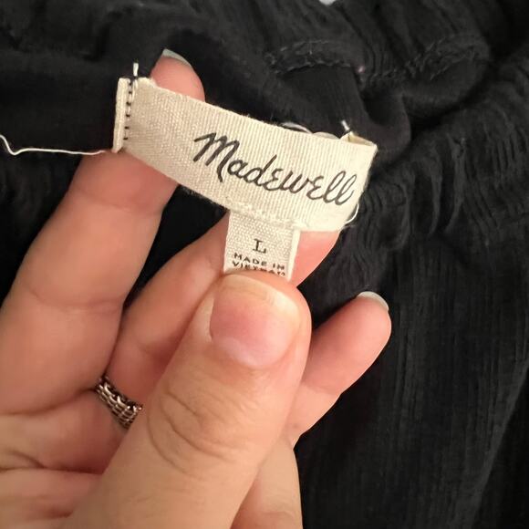 Madewell Off the Shoulder Crop Top Black Scoop Neck Pedal Sleeve Button Tie Sz L - Picture 3 of 5